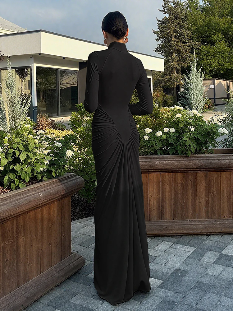 nibber black dress Turtleneck Maxi Women Peach Butt Long Sleeve Folds Solid Skinny Elasticity Classic Basis Elegant Party Vestidos Bodycon gown Color:Black And Gold Style:AP1D106648 90s Vintage Purple Prom Whether you are heading