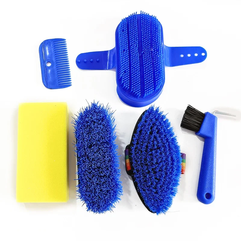 Factory custom plastic blue Dusting Brush  Head Dust Cleaning Tool 6 pieces horse grooming kit with bag