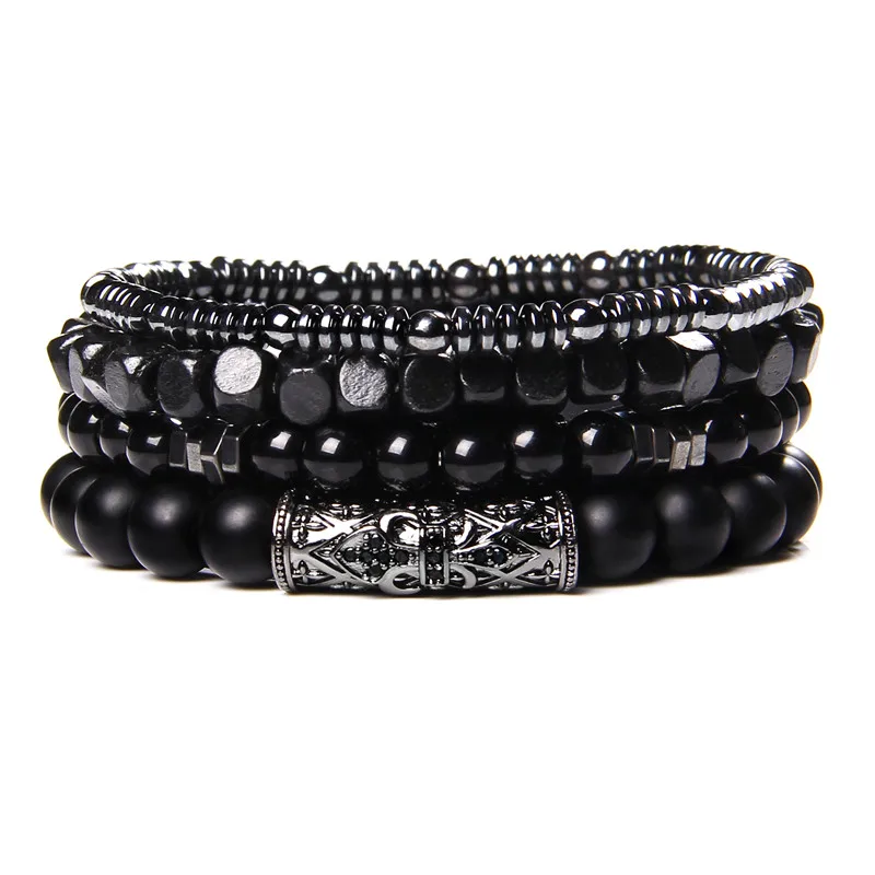 Männer Multilayer Stein Armband 4 Teile/satz Natürliche Schwarz Hämatit Vulkanischen Lava Stein Perle Elastische Armreif Vintage-Schmuck Geschenk – Detail 6