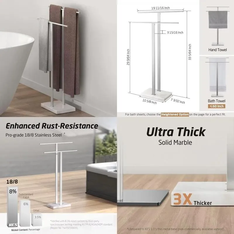 Double Towel Rack Stand with Marble Base for Bathroom Floor Stainless Steel Brushed Finish