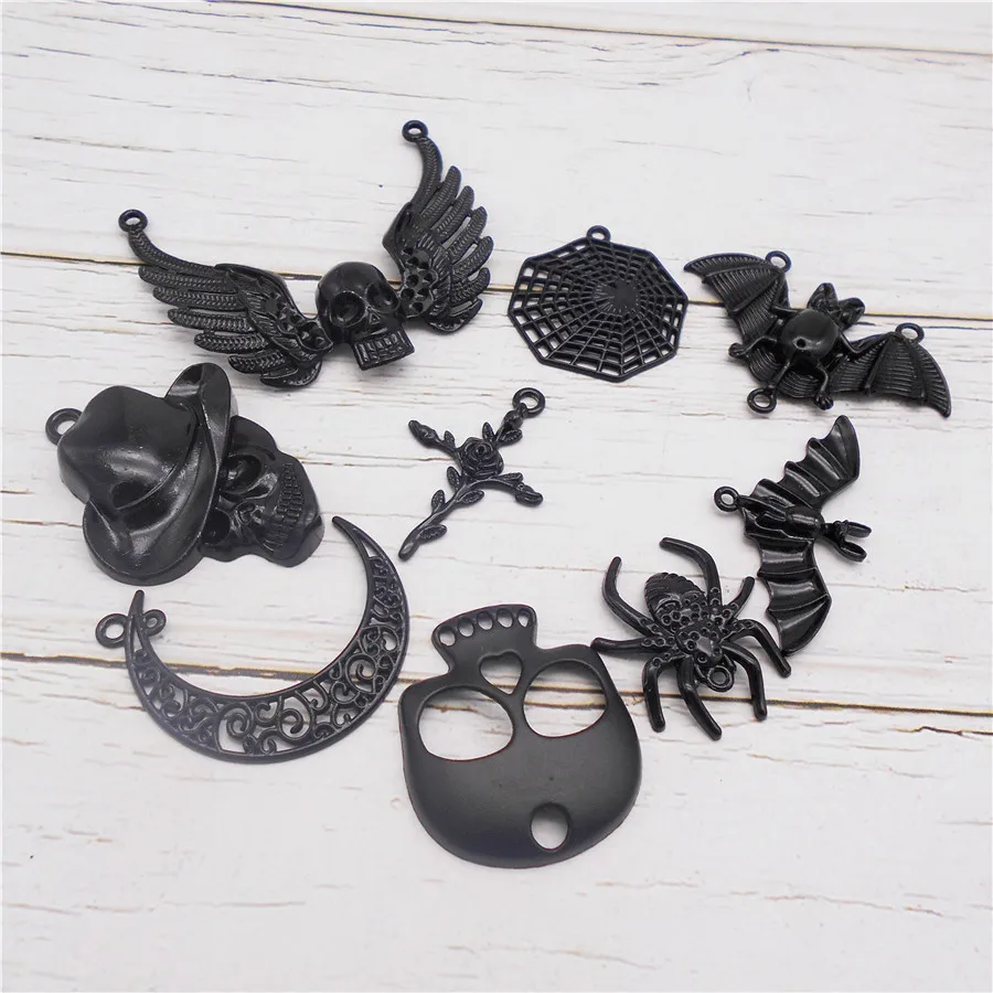 Julie Wang 6/9PCS Enamel Halloween Charms Alloy Black Bat Skull Spider Moon Pendant Necklace Bracelet Jewelry Making Accessory