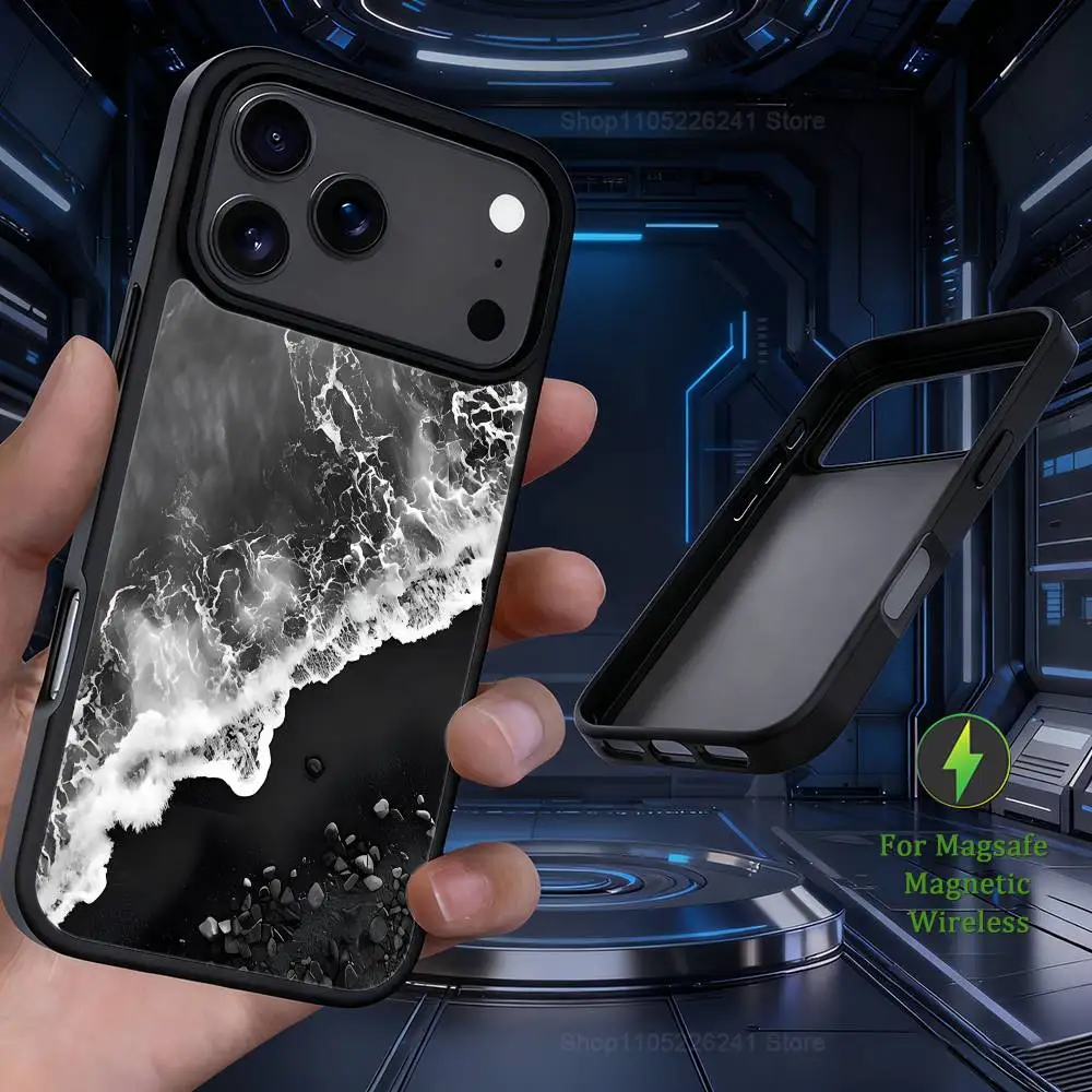 Stijlvolle kunst zwart witte telefoon voor iPhone 17,14,11,15,16,13,12,Pro,Max,voor Magsafe,Plus,Mini, magnetische draadloze oplaadcassette