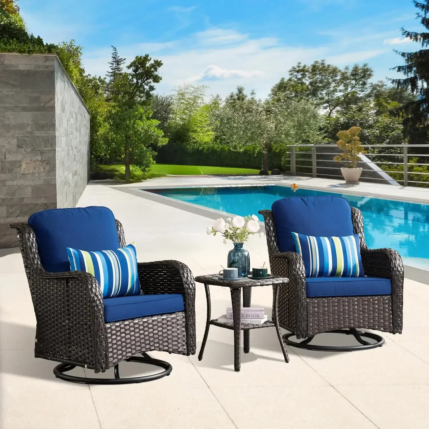 

Вращающиеся кресла-качалки, набор из 2 шт., кресло с вращением на 360 градусов на открытом воздухе, соответствующий боковой столик, 3 шт., плетеный из полиэтилена