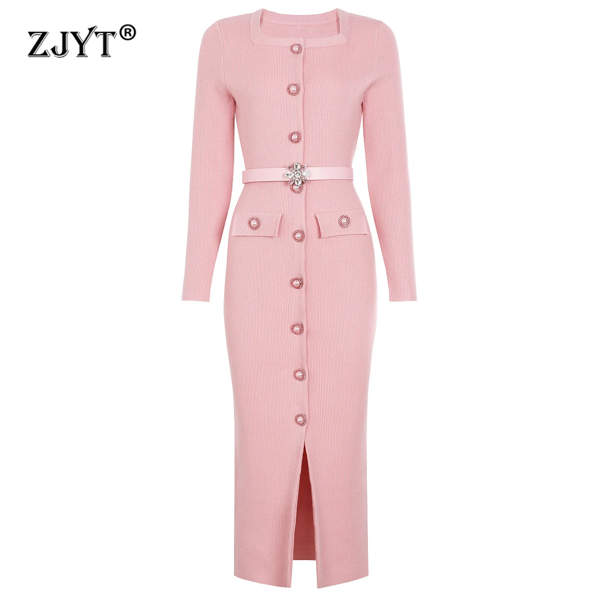 

ZJYT Autumn Winter Midi Knitting Sweater Dresses for Women 2025 Long Sleeve Square Collar Slim Fit Straight Party Dress Pink