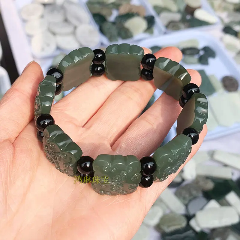 Xinjiang natural clear water Hetian jade million beast head hand row men's and women's Qinghai material bracelet beads genuine n