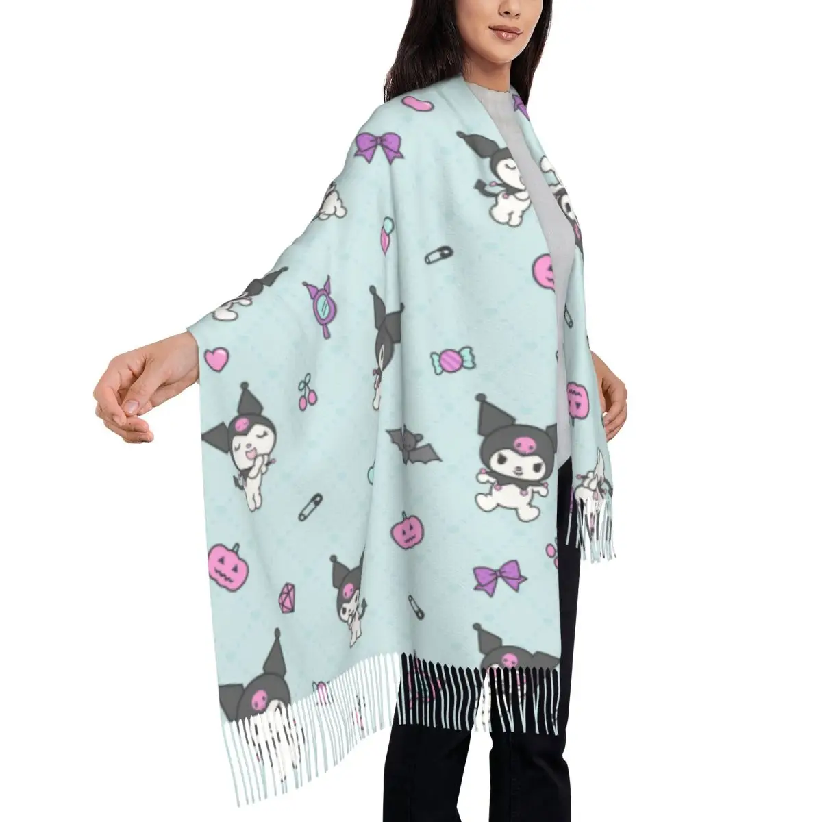 

Kuromi Scarf for Women Warm Winter Pashmina Shawl Wrap Hello Kitty Long Scarves with Tassel for Daily Wear