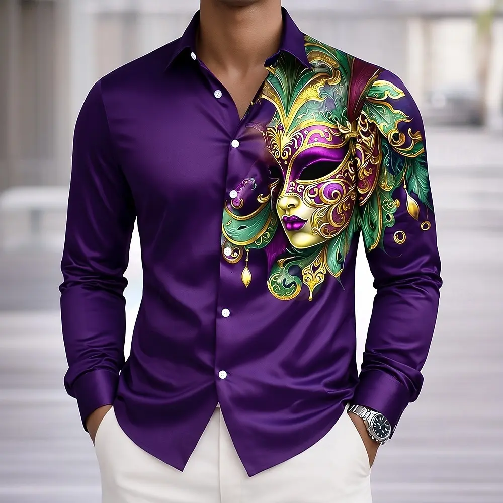 Mardi Gras Men's Carnival Beads Mask with Feathers Shirt Button Up Shirt Long Sleeve Vintage Retro Holiday Summer Spring shirts