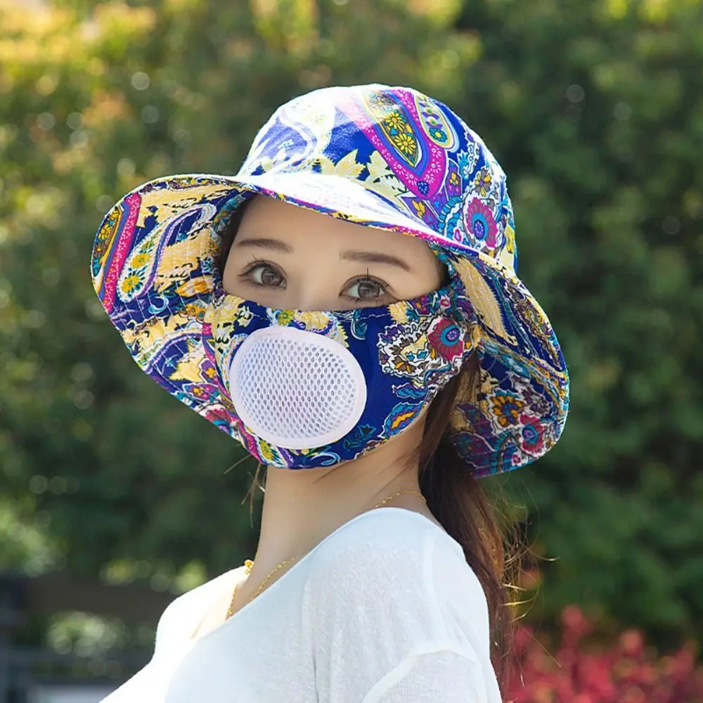 Outdoor Floral Tea Picking Cap Wide Brim with Breathing Hole Mask Sun Visor Cap Neck Protection Anti-UV Sun Hat for Women 2