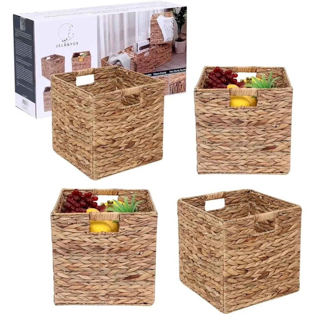 Foldable Handwoven Water Hyacinth Storage Baskets Wicker Cube  Rectangular Laundry Organizer Totes,Set of 4 Pcs