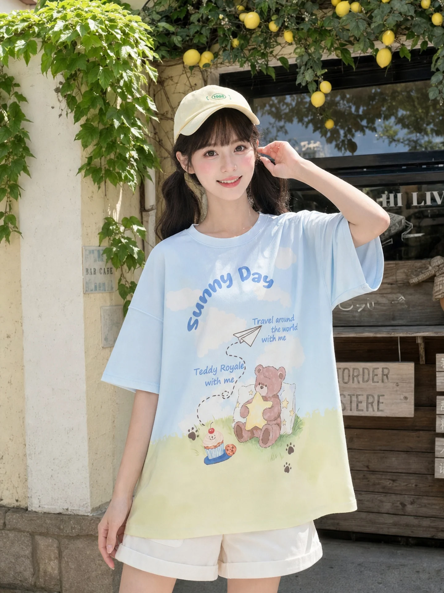 Sweet Style Bear Print Loose Fit Short Sleeve round Neck T-Shirt Women's Summer Casual Top Breathable Polyester Fiber