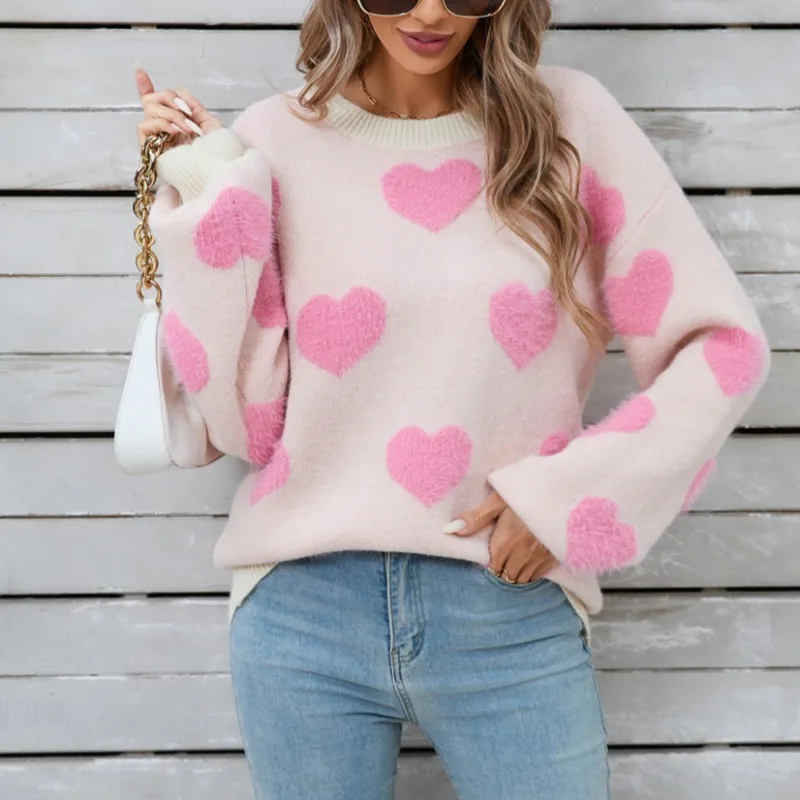 Love\'s Knit Sweaters Pullovers Winter Women\'s Tops New Valentine\'s Day Love Casual Loose O-neck Full Lantern Warm Thick Sweater