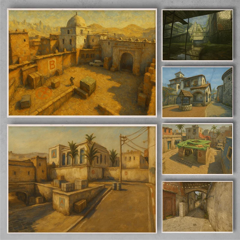 Пыль 2 Объект Пейзаж Картина маслом Настенное искусство CS2 CSGO Мерч Counter-Strike 2 Игровая карта Картина Плакат Искусство Декор Геймер Подарок
