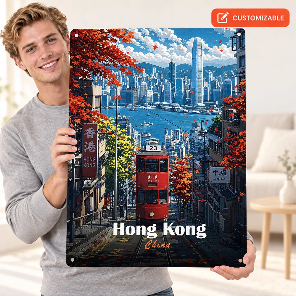 Hong Kong Tramway In Autumn Aluminum Poster Personalized Metal Sign Illustration Wall Art For Holiday Cottage Housewarming Gift