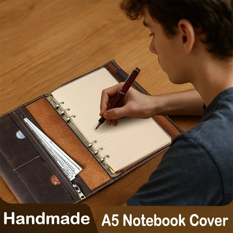 Handmade Vintage Crazy Horse Leather A5 Notebook Cover 6-Ring Binder with Replaceable Refill Genuine Leather Organizer