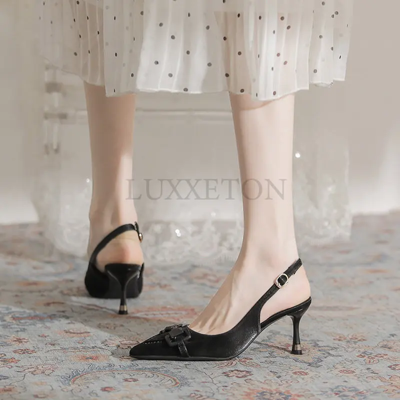 Womens Black Wide Heeled Pump Slingbacks Elegant Office Lady Block Heels Sandals Casual Pointed Toes Pumps Summer