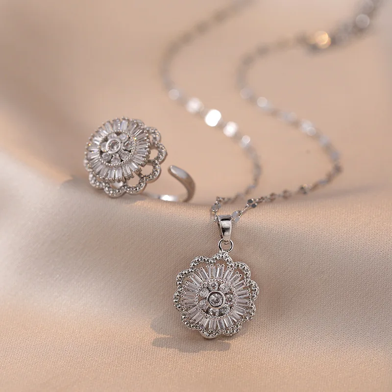 Rotating Flower Ring Pendants Clavicle Necklaces For Women Stainless Steel Chains Necklace GiftWhite Zircon Bridal Jewelry Sets