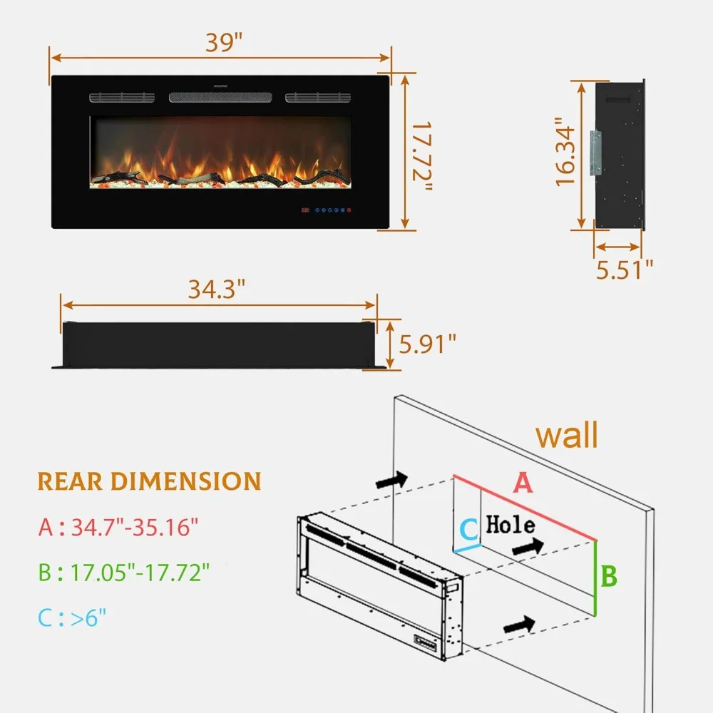Inserto para chimenea eléctrica de 39 pulgadas: calentador empotrado y montado en la pared con diseño lineal, termostato, control remoto y pantalla táctil