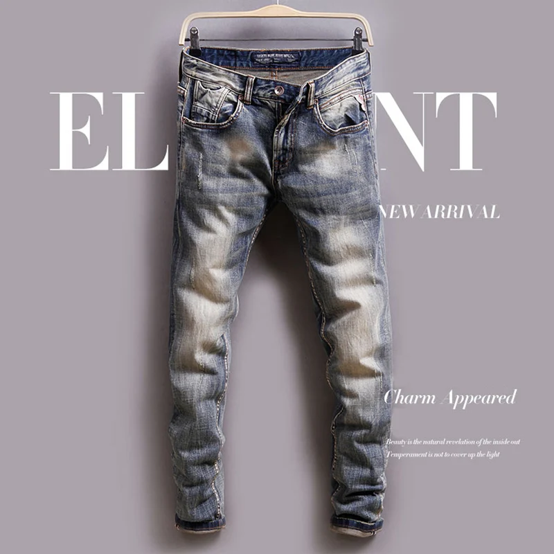 Celana jins pria desainer mode, celana Denim Vintage pria, celana jins robek ketat, celana jins pria gaya Italia, celana Denim Vintage, kancing Fly, untuk pria