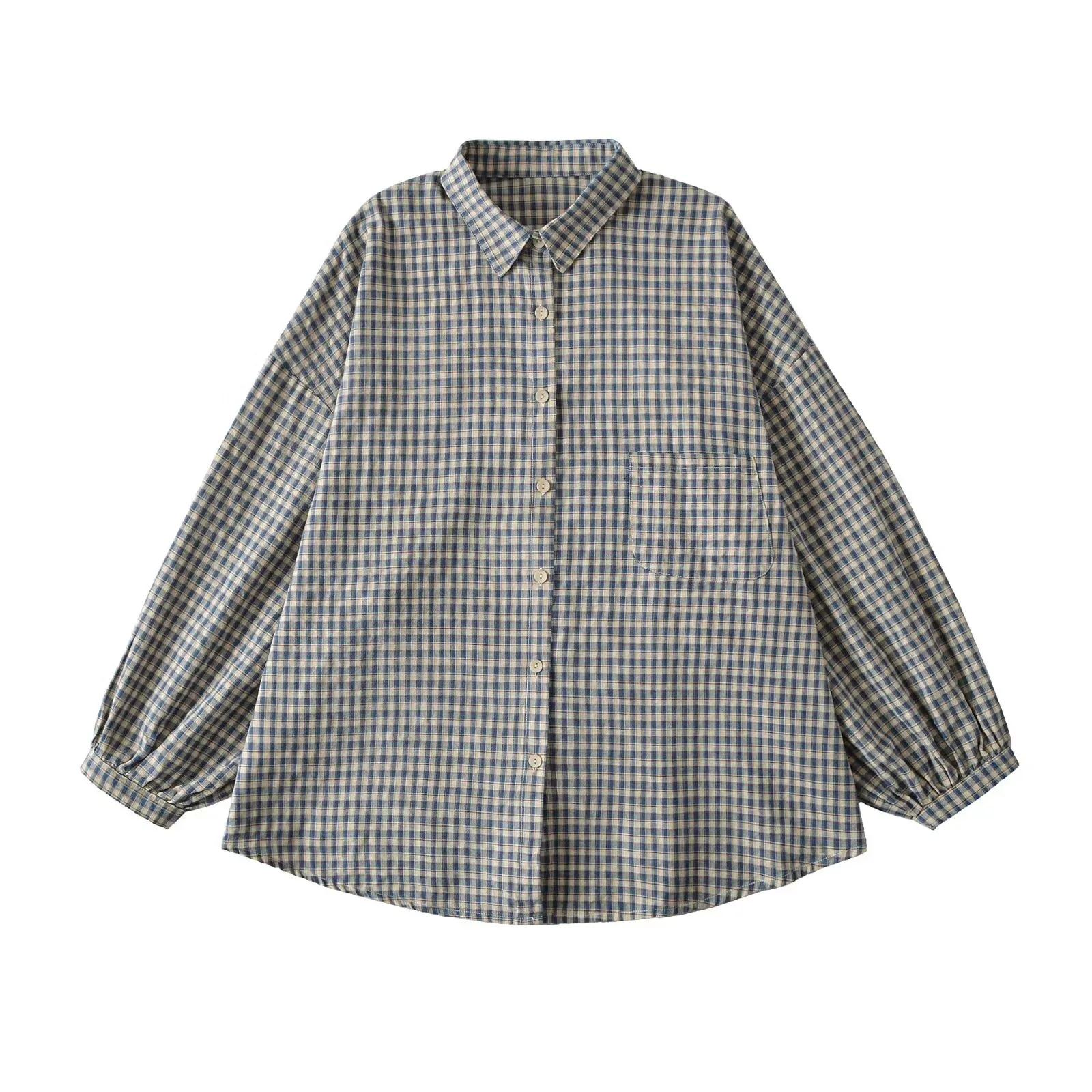 Casaul elegante suave chica dulce Patchwork camisa de manga larga 2025 Otoño Invierno nuevo botón suelto manga larga camisa a cuadros Top SG9E