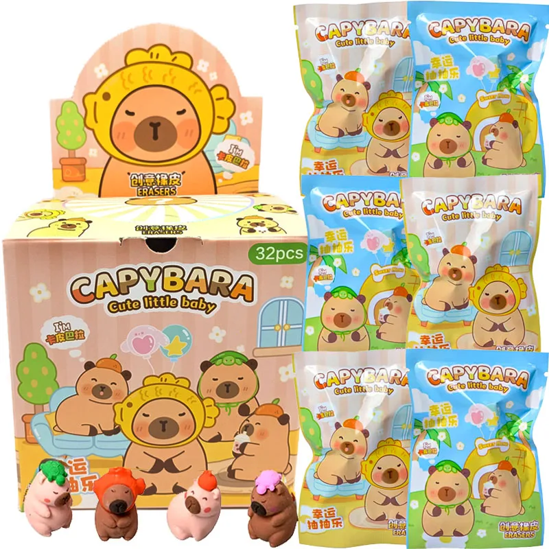 Whole Box 32Pcs Cartoon Capybara Doll Blind Bag Lottery Toys Wholesale 3D Eraser Action Pencil Doll Model Children's Reward Gift