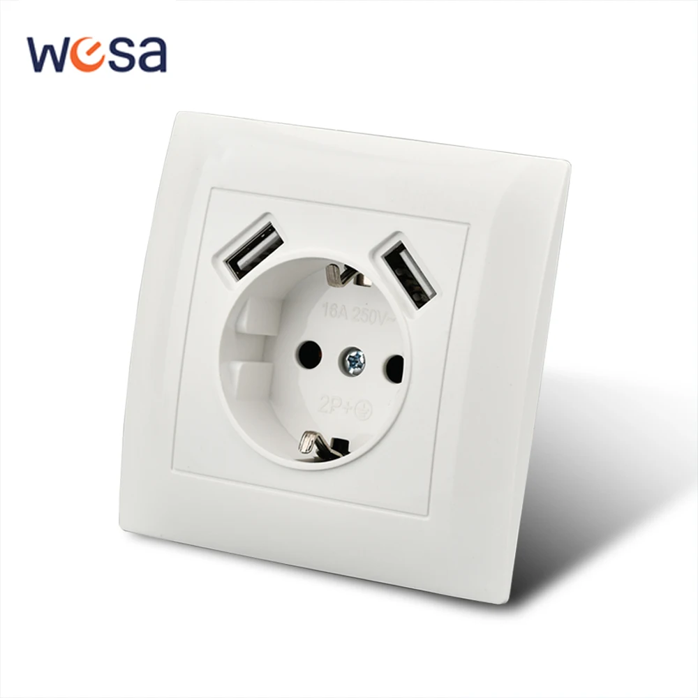 

WESA Dual USB Power Socket 2.1A EU Standard Electrical Outlet Standard Ground Plug With Usb Wall Socket Flame Retardant Plastic