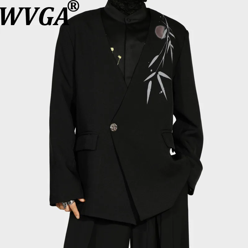 

WVGA весна осень новый мужской приплив без воротника с принтом модный пиджак с длинными рукавами нишевый шикарный повседневный пиджак уличная одежда Ins W14756