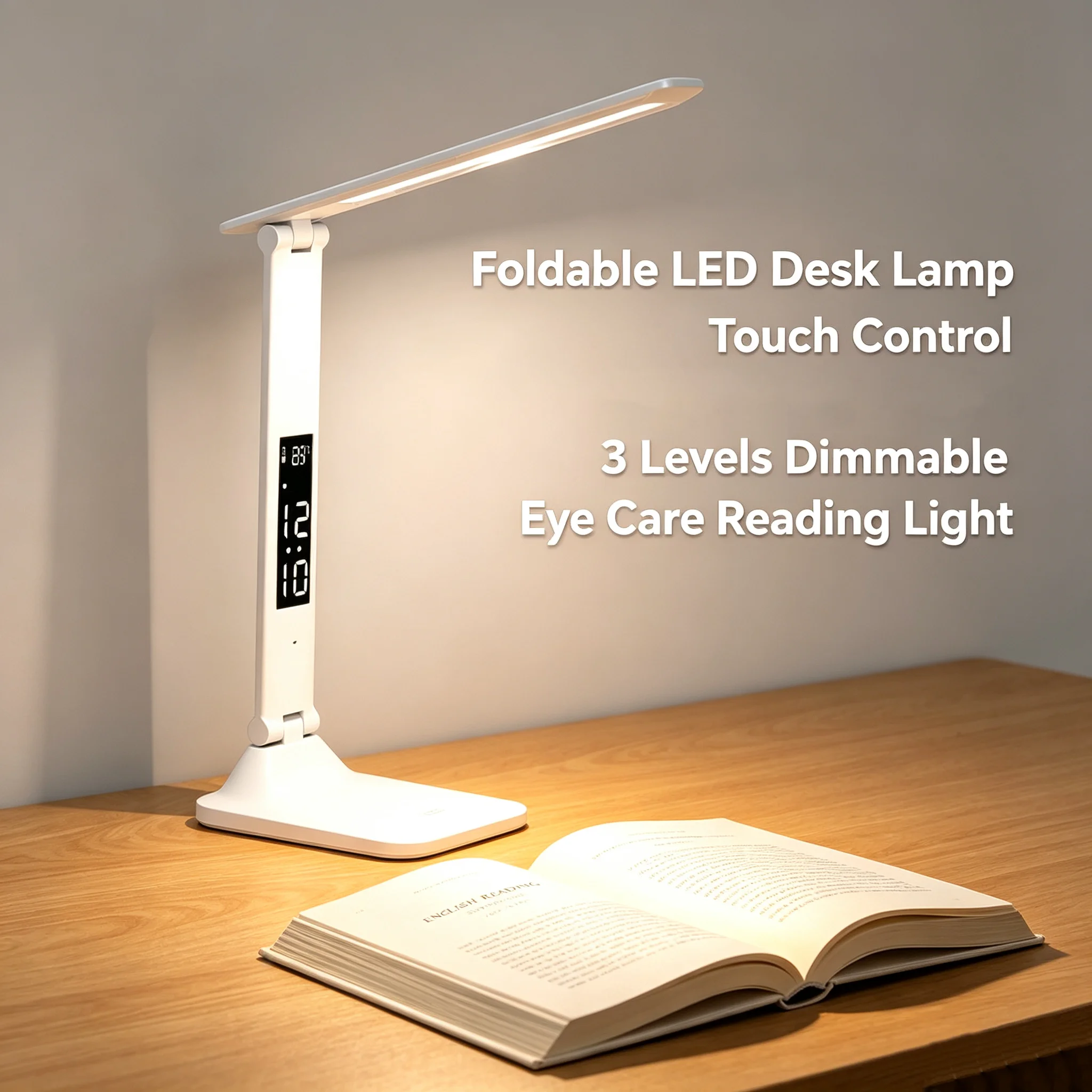 New Foldable LED Desk Lamp Touch Control Eye Protection Calendar Temperature Alarm Clock Reading Light USB Rechargeable Bedroom