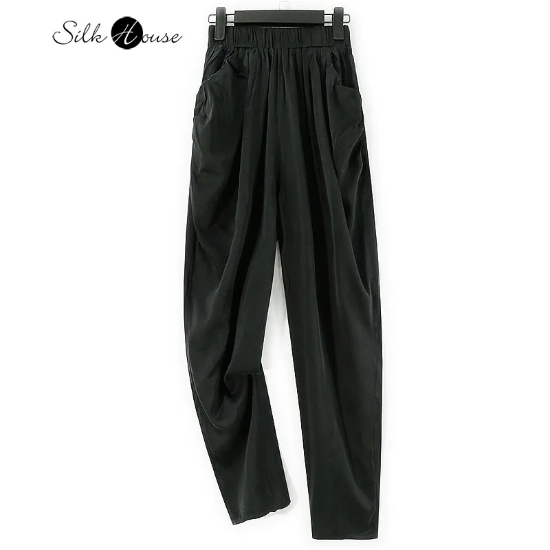 

Sand Washed 93% Natural Mulberry Silk Elastic Satin Women's Fashionable Casual Elastic Waist Black Haren Pants