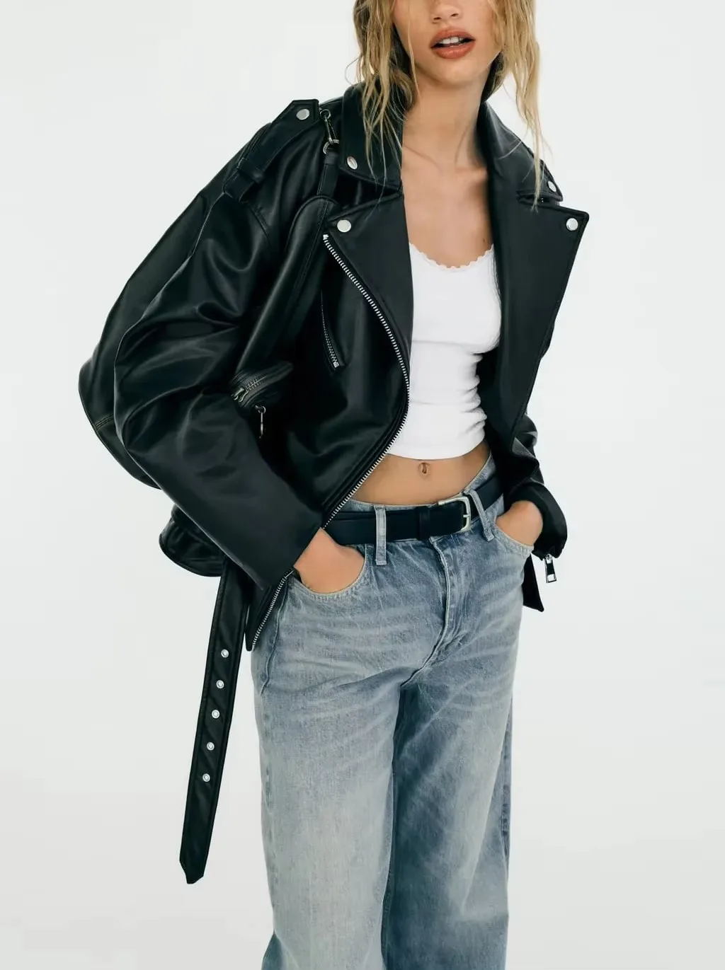 BBWM Pu Faux Leather Jacket with Belt Spring Autumn Female Zipper Coat Outwear Women's Loose Motorcycle Biker Black