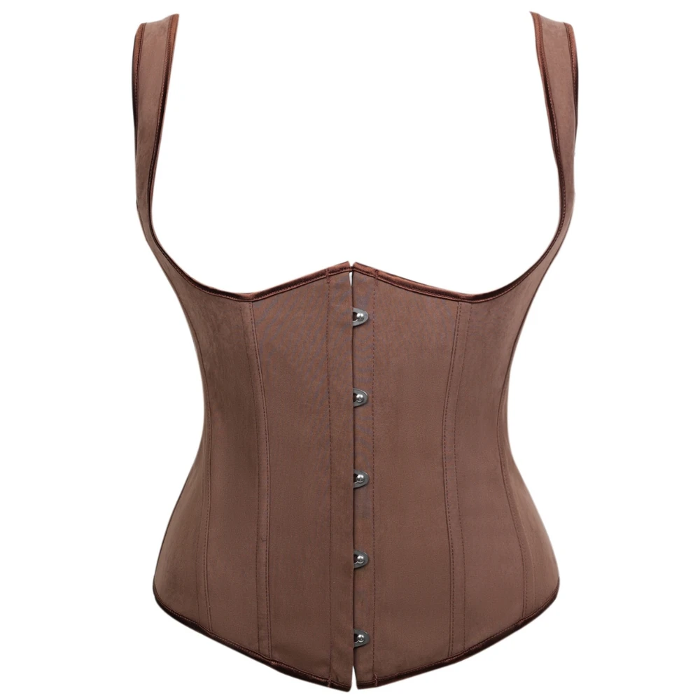 Women Brown Underbust Corset Waist Cincher Wide Strap Front Busk Back Lace Up Vintage