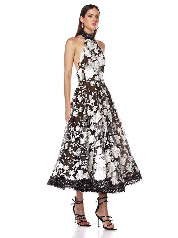 A-Line Floral Lace Halter Neck Dress – Elegant Black & White Midi Dress for Special Occasions and Evening Parties Romantic Gown