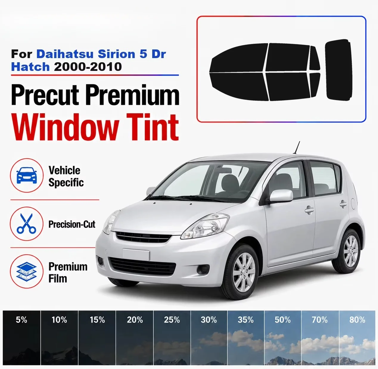 Premium Precut Window Tint Kit Front Rear Windows Rear Windshield For Daihatsu Sirion 5 Dr Hatch 2000-2010 Nano Ceramic Film