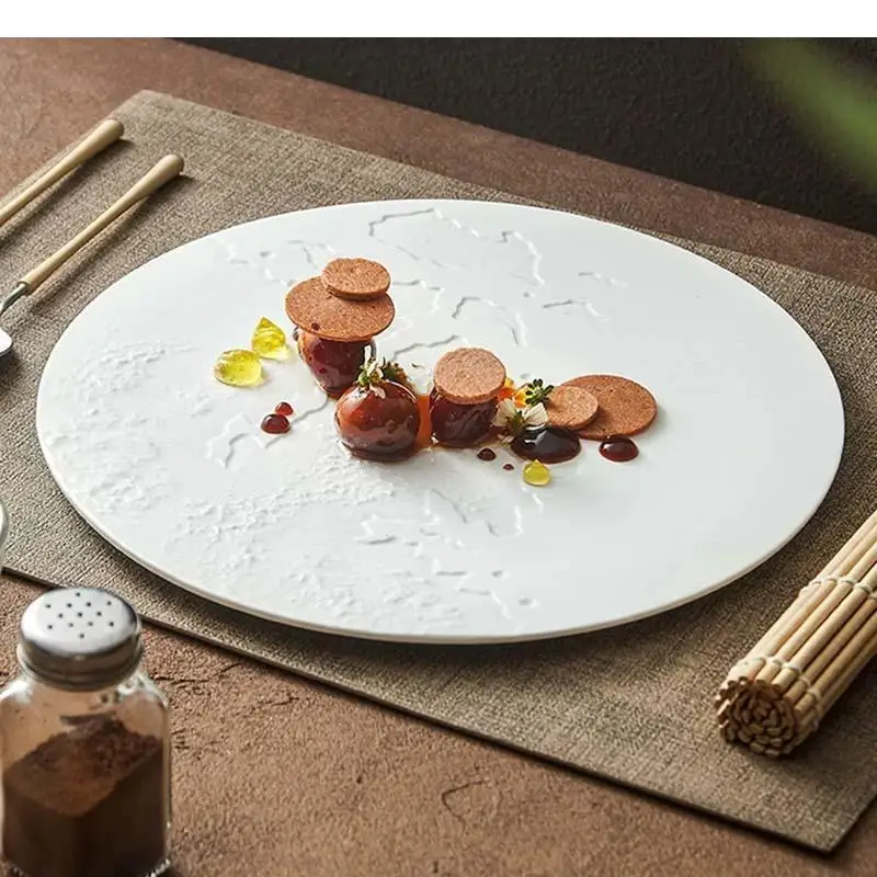 

Rock Texture Relief Ceramic Flat Plate Circular Dessert Steak Serving Plates Molecular Cuisine Tableware