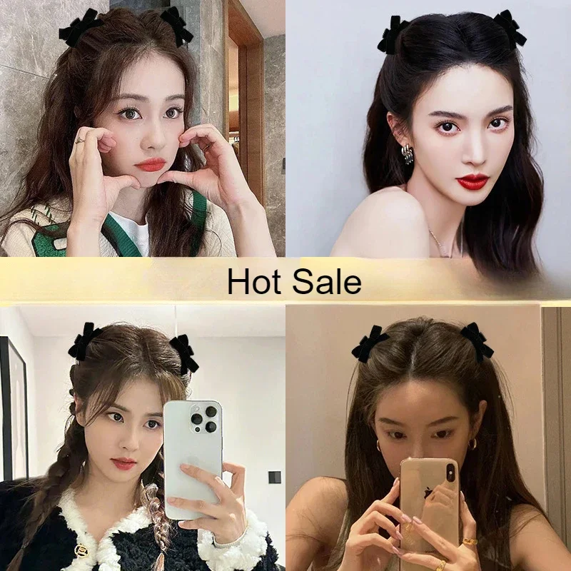 2Pcs/set Small Double-layer Satin Bow Hairpins for Women Girls Bangs Hair Claw Hair Pins Sweet Black Red Korean Hair Accessories