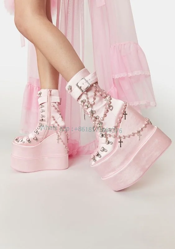 Design Cake High Platform Pearl Wedges Pink Boots Women Dress Sweetheart Lace up Crystal Ankle Shoes High Heel Girl Evening