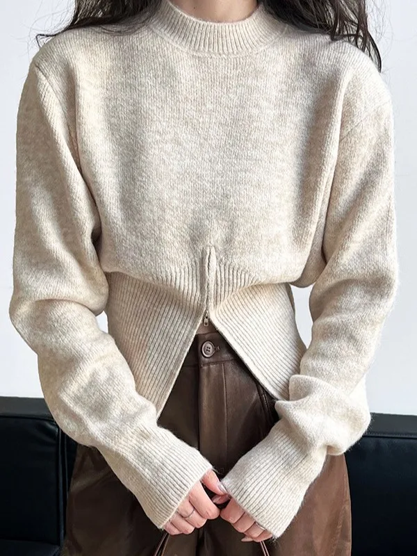 

Women's ort Loose Knitted Sweater 2025 New Autumn Faion High-End Lazy Sle Zipper Hemline Casual Top Straight Tube ape