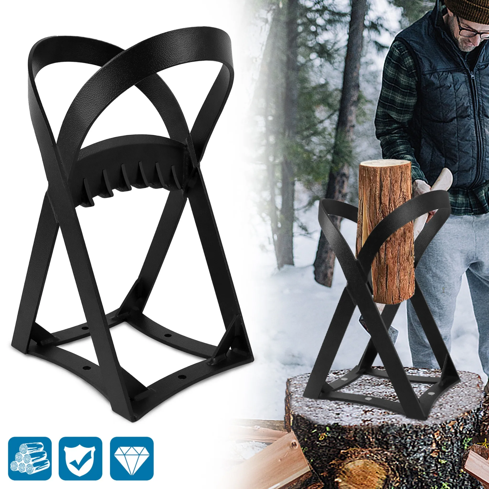 Cortador de leña manual de acero al carbono con orificios de montaje, herramienta portátil para partir leña, ideal para acampar, usar en el jardín o en vehículos recreativos.