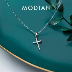 Modian Dazzling Zircon Luxury Cross Pendant Necklace Real 925 Sterling Silver for Women Link Chain Necklace Fashion Jewelry
