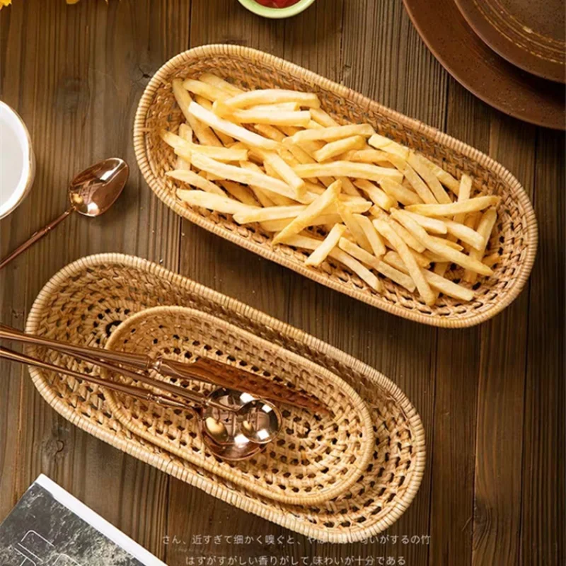 

Oval Rattan Towel Storage Tray Hand-Woven Wicker Tray Bread Basket Fruit Food Breakfast Display Box Home Kitchen Decoration