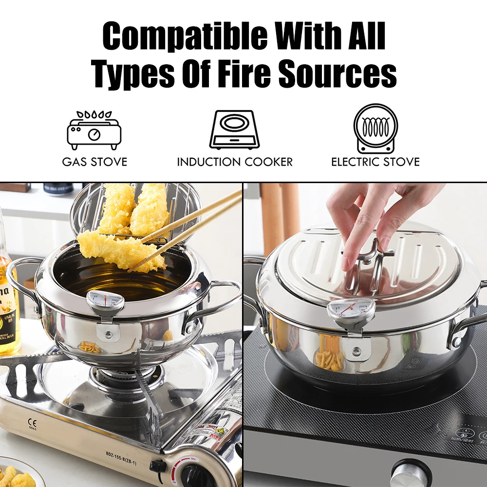 304 Stainless Steel 2.2L 20 cm Tempura Fryer Pan Deep Frying Pot 2 Handles With Thermometer and Lid