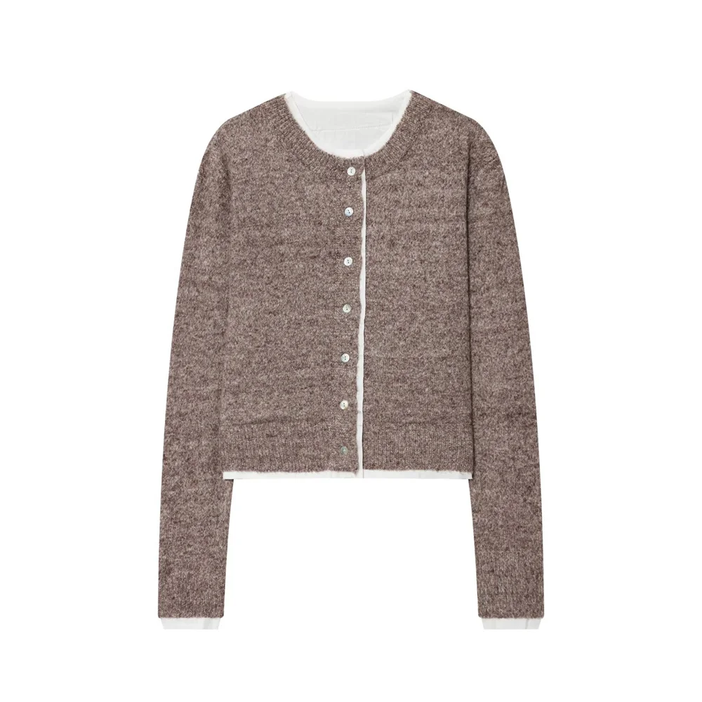 

Autumn and winter women's new casual design round neck long sleeved single breasted decoration contrasting color knitted jacket