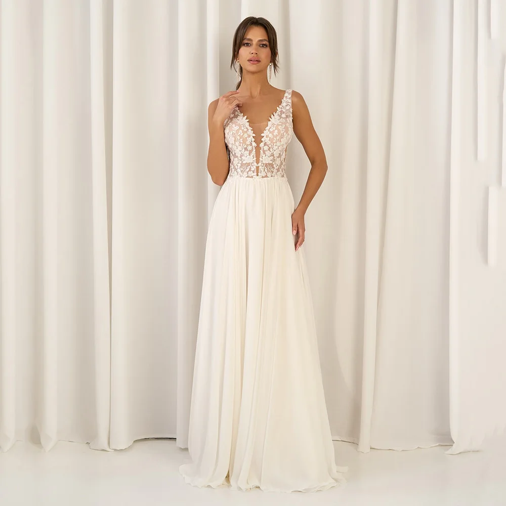 2025 فساتين الزفاف المدنية الخامس الرقبة الدانتيل زين لينة الشيفون عارية الذراعين بوهو فساتين زفاف النساء ألف خط فستان عرائس مخصص