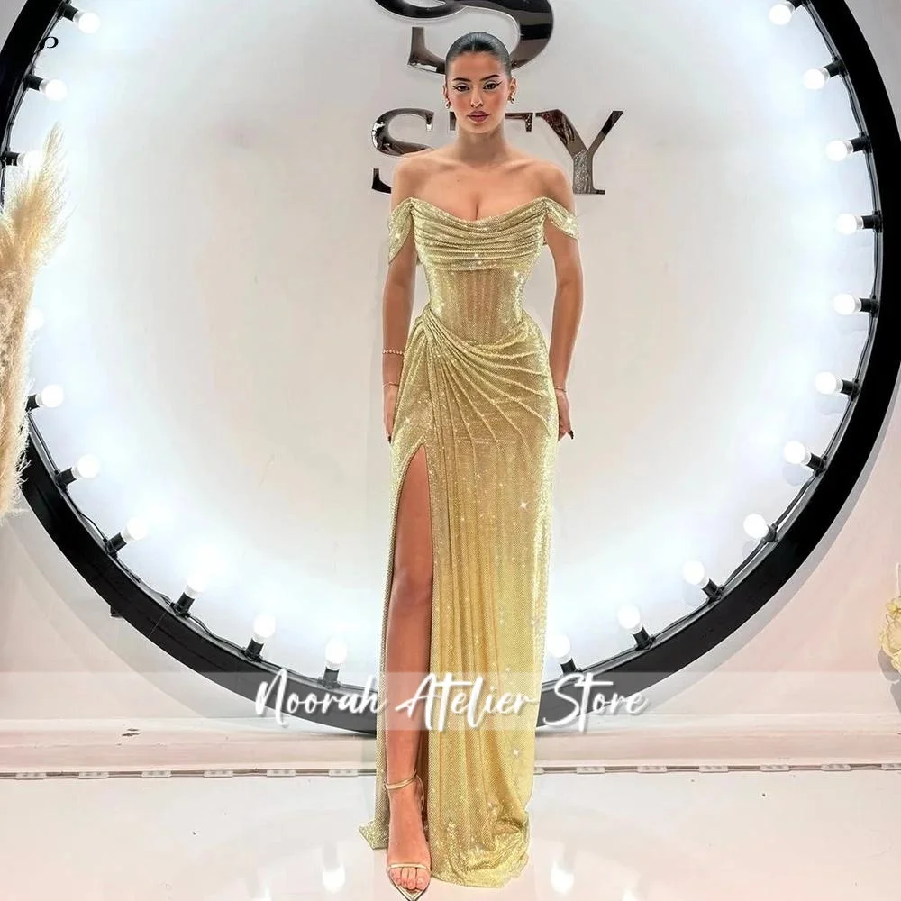 Elegant Gold Off Shoudler New Luxury High Quality Women Evening Dress 2025 HIgh Slit Wedding Long Party Gown Vestidos Customized