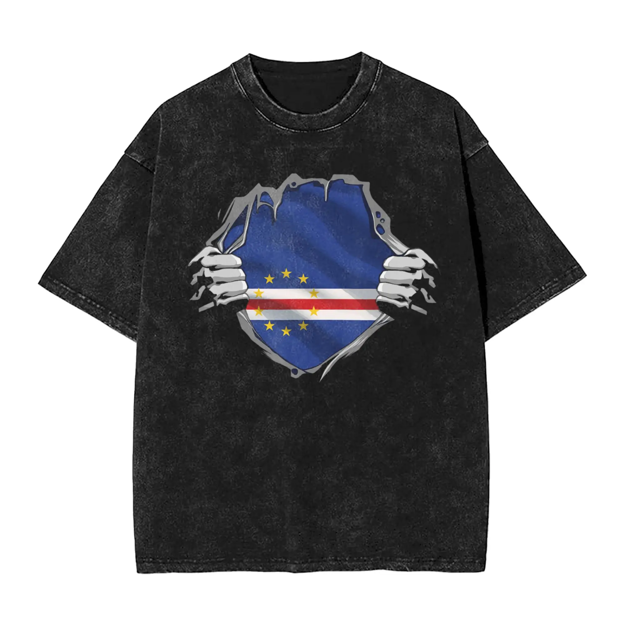 Casual Cape Verdean Shirt Super Cape Verde Flag T-Shirt for Men O Neck Cotton Washed T Shirts  Short Sleeve Tees Clothes