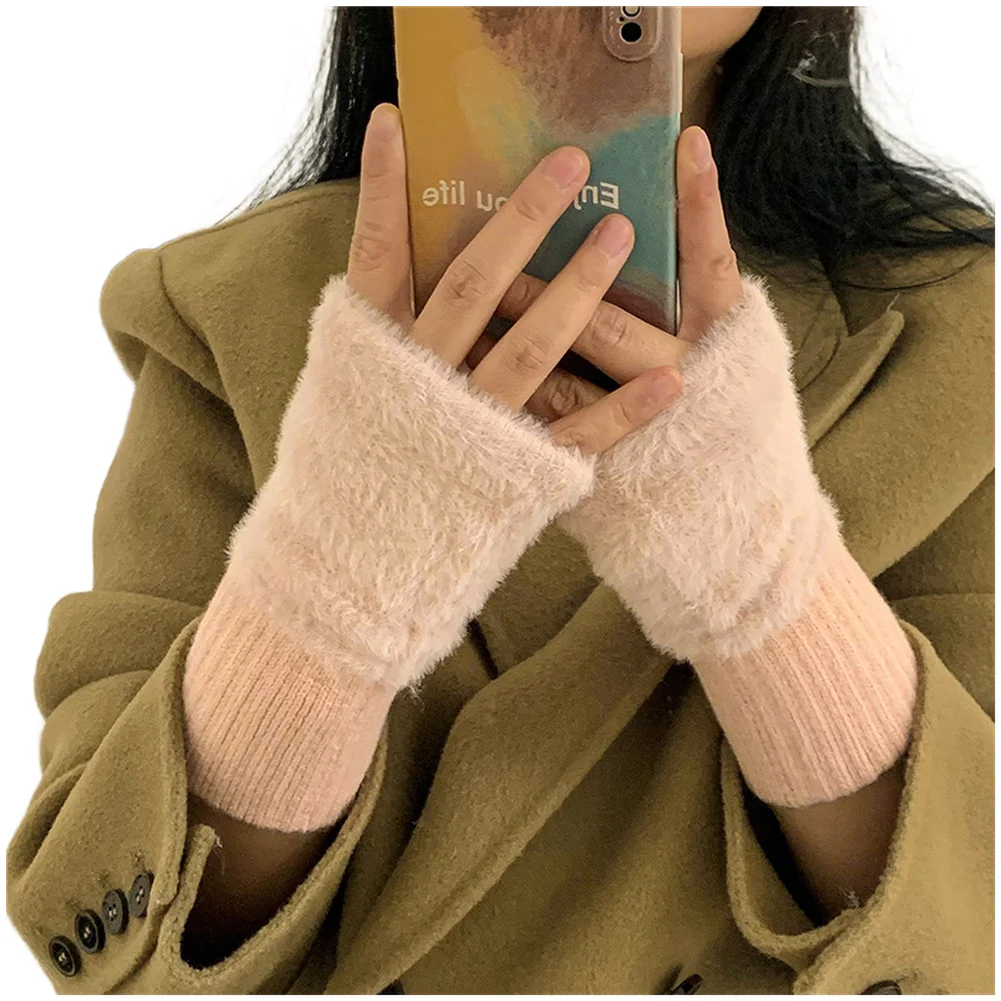 Pink Half Finger Gloves Comfortable Half Finger Typing Gloves Soft Wool Blend Material Breathable Medium Thickness