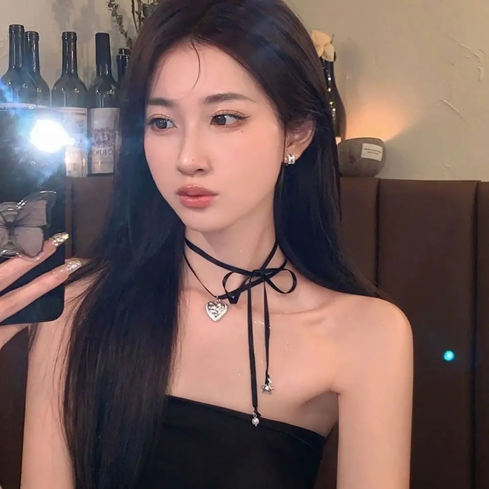 Korean Style Balletcore Style Ribbon Necklace Star Pearl Love Pendant Clavicle Chain Charms Jewelry Accessories Y2K Choker Girl