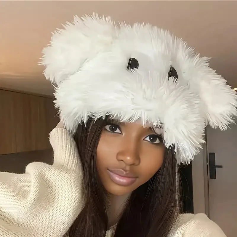 Cute Cartoon Puppy Hat for Women Korean Girl Sweet Big Eyes Plush Cap Winter Warm Outdoor Pullover Hats Fashion Knitted Caps
