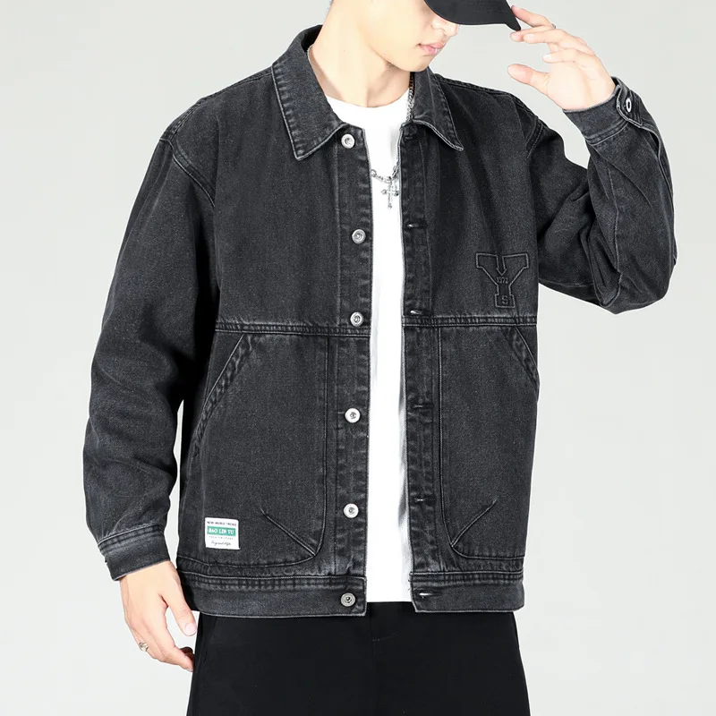 

Men's denim jacket, black, loose and slim, large size, simple, casual and versatile, fashionable and trendy washed jacket