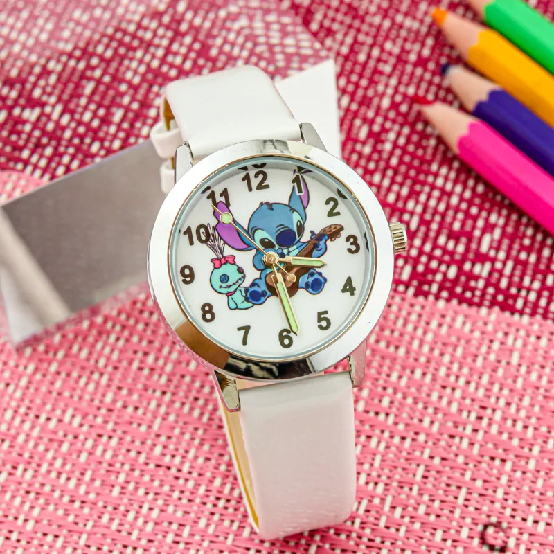 Reloj de dibujos animados de Disney Stitch para niños, figura de Anime Kawaii, reloj de pulsera de cuarzo de cuero, regalos para niños y niñas