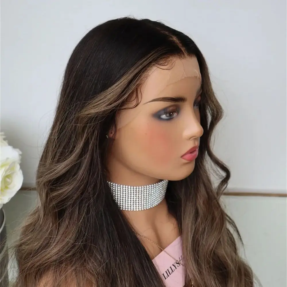 

Реалистичный парик с натуральным видом, темно-коричневый с блондовыми прядями, синтетический, с кружевной передней частью, для повседневной носки, для дрэг-квин, без клея, 13x4